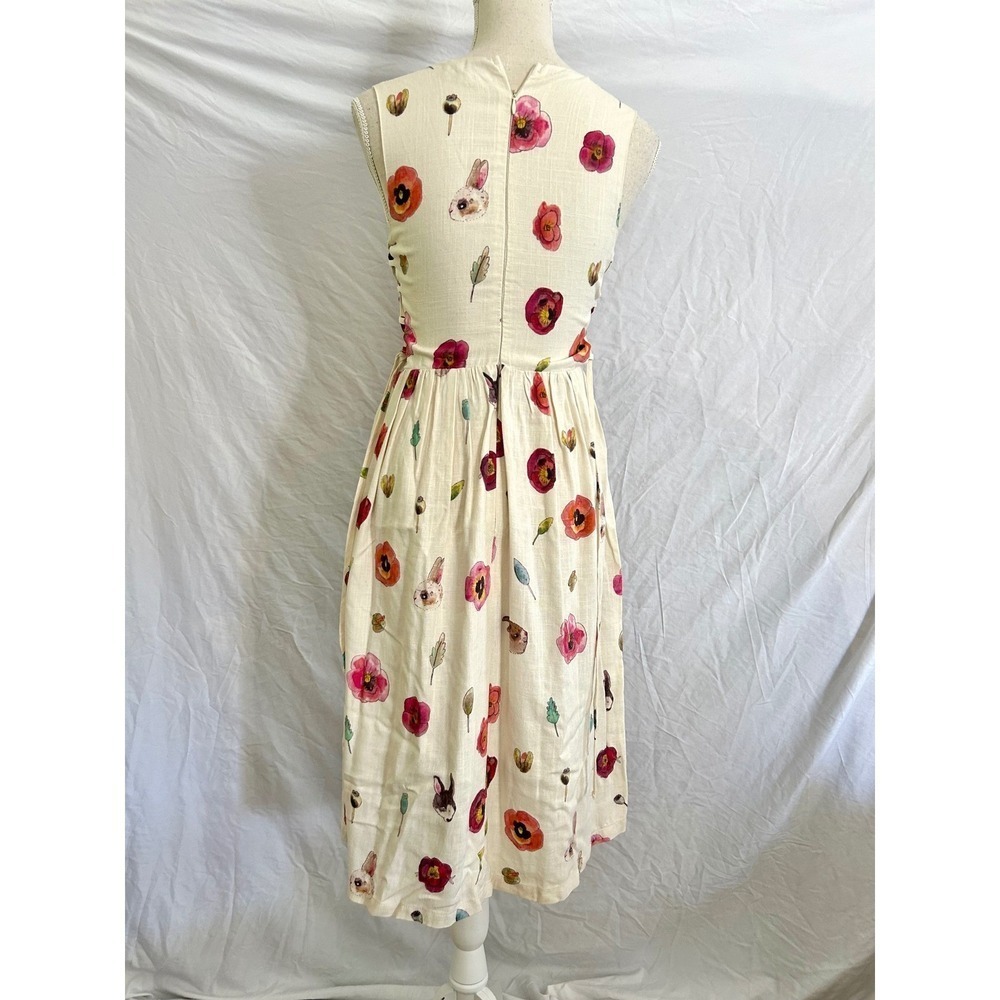 Pepaloves Midi Dress Womens XS Cream Poppy Bunny Linen Blend Lace Up Side XS - Picture 2 of 8